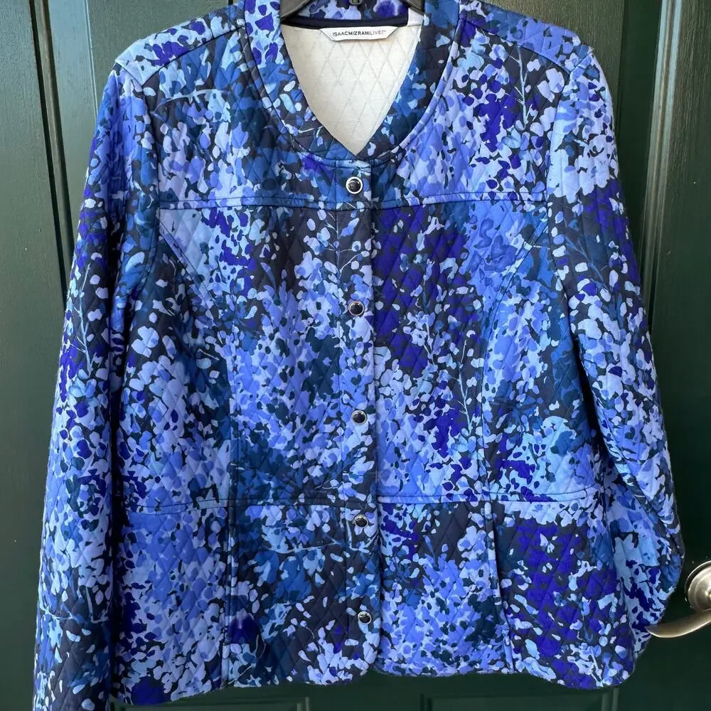 Isaac Mizrahi QVC Quilted Snap Jacket L Blue Floral Print Lightweight Fall Layer
